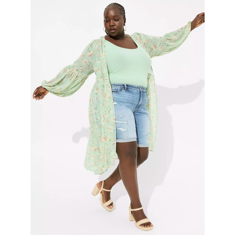 Festi NEW Chiffon Kimono Duster 3X Green Floral Puff Sleeve Boho Romantic Whimsy